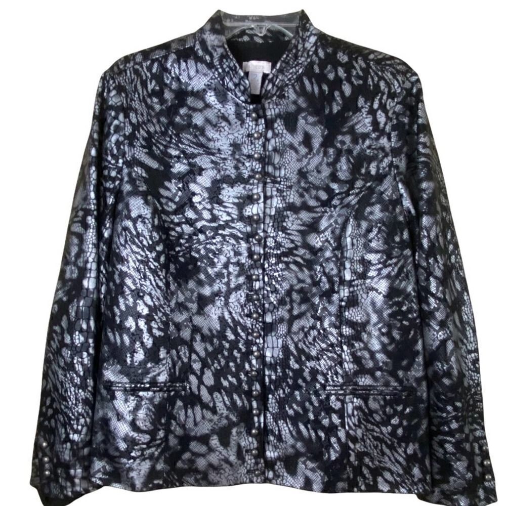 Chico’s Black Silver Metallic Snake Print Snap Button Down Jacket Size Medium 2